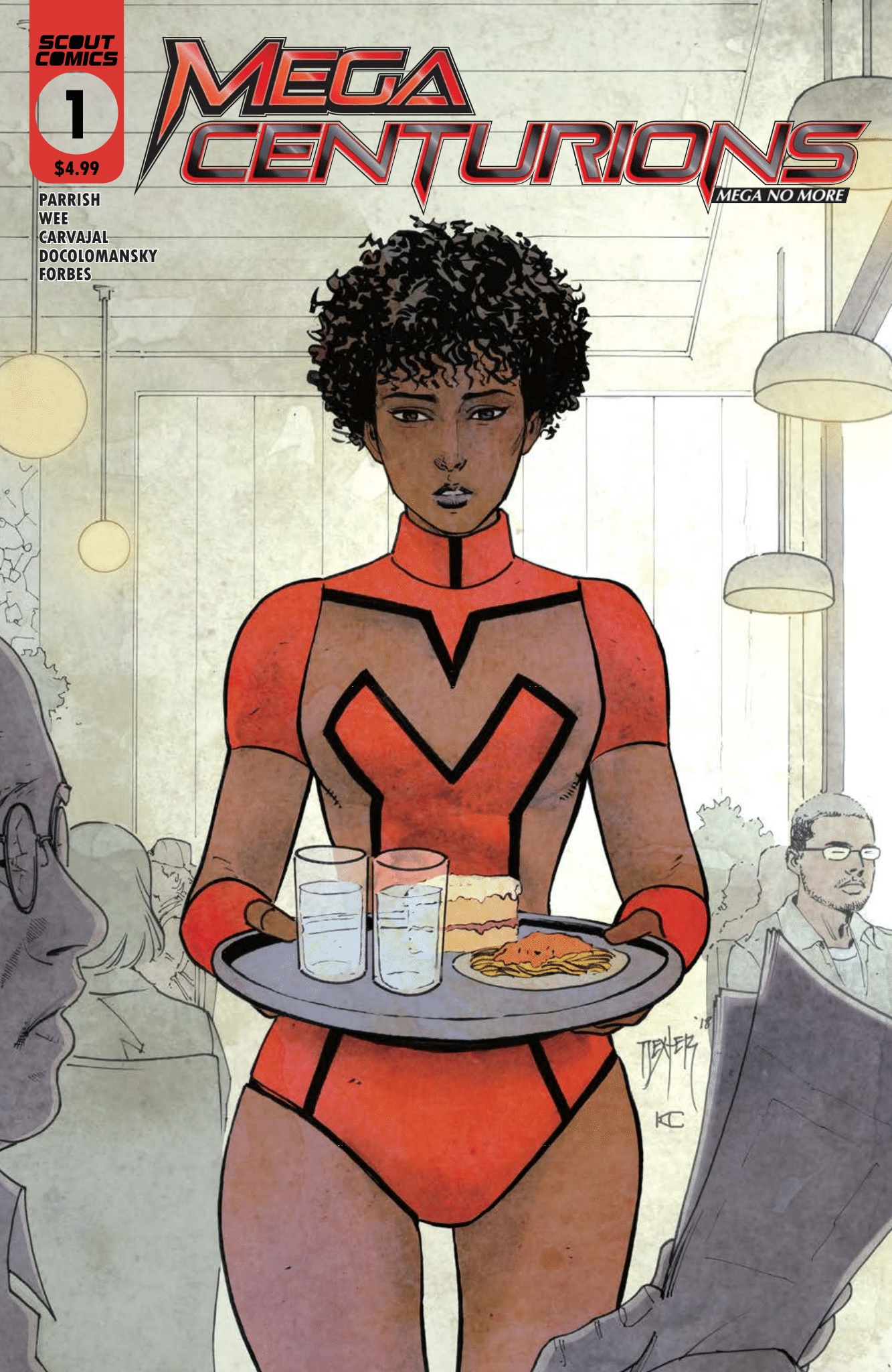 The cover of Mega Centurions #1 featuring Cassidy, the former Red Centurion waiting tables while wearing her costume.