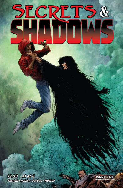 The cover for Secrets & Shadows #1. It shows a man in a black tattered cloak choking a Joseph and hovering above the clouds.